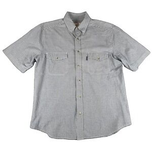 Woolrich Shirt Mens Medium Blue Check Short Sleeve Button Up Pockets Casual